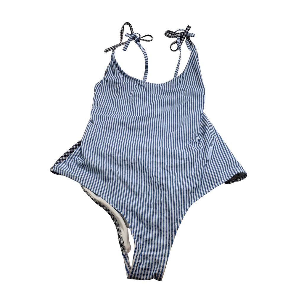 Aerie Womens One Piece Cheeky Swimsuit XL Blue White Striped Gingham 5516807878